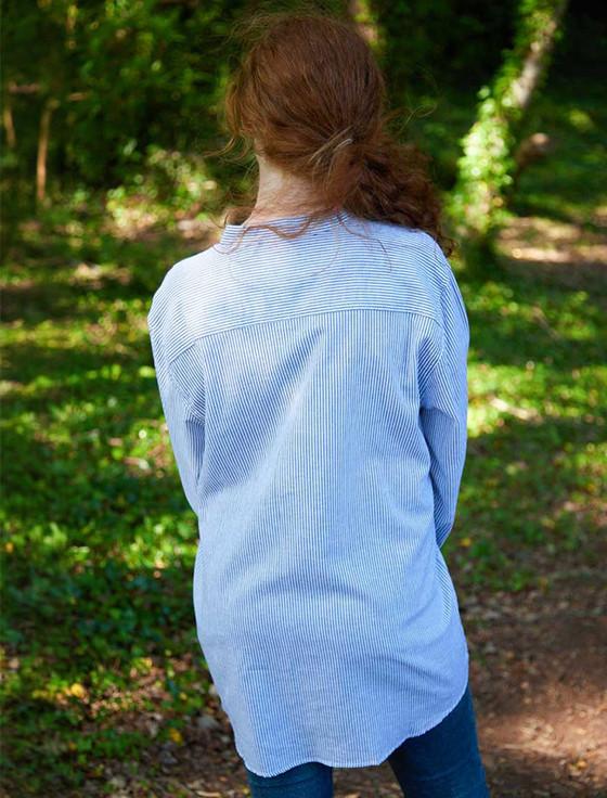 Aran Cashmere Ladies Irish Linen Grandfather Shirt - Navy & White Stripe