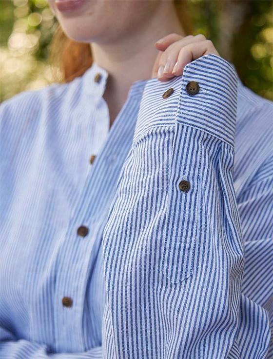 Aran Cashmere Ladies Irish Linen Grandfather Shirt - Navy & White Stripe