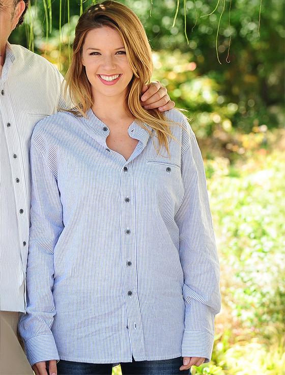 aran cashmere Ladies Irish Linen Grandfather Shirt - Navy & White Stripe