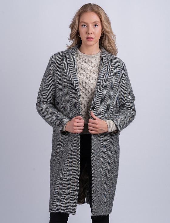 Aran Cashmere Ladies Irish Tweed City Coat - Black & Grey Herringbone