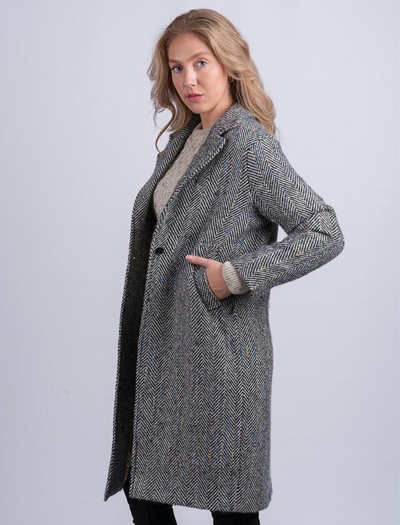 Aran Cashmere Ladies Irish Tweed City Coat - Black & Grey Herringbone