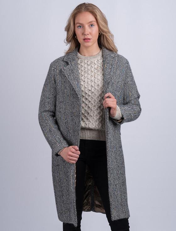 aran cashmere Ladies Irish Tweed City Coat - Black & Grey Herringbone