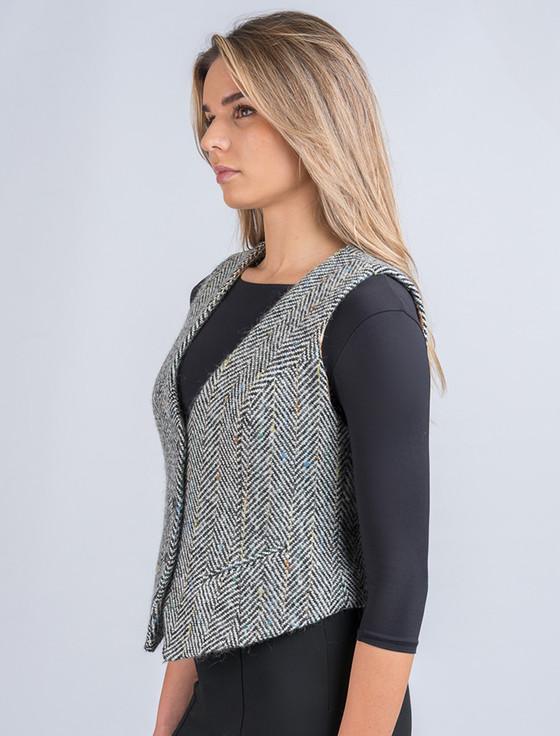 Aran Cashmere Ladies Irish Tweed Waistcoat - Black & Grey Herringbone