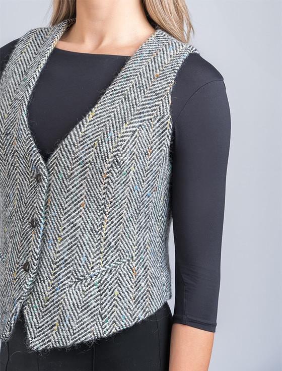 Aran Cashmere Ladies Irish Tweed Waistcoat - Black & Grey Herringbone