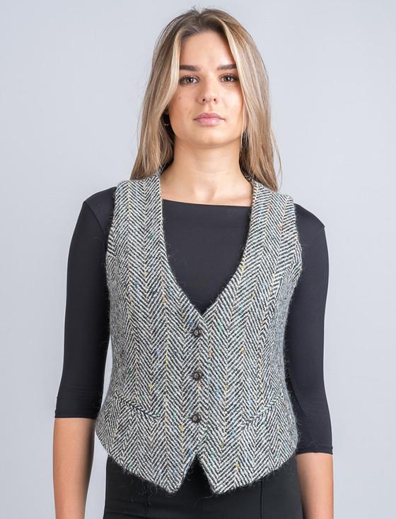 aran cashmere Ladies Irish Tweed Waistcoat - Black & Grey Herringbone