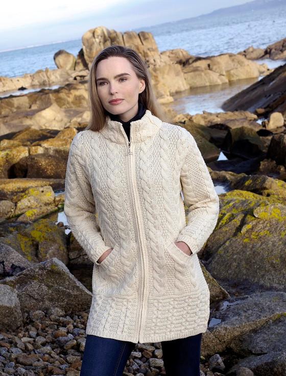 aran cashmere Ladies Merino Cable Design Zip Coatigan ‎‎