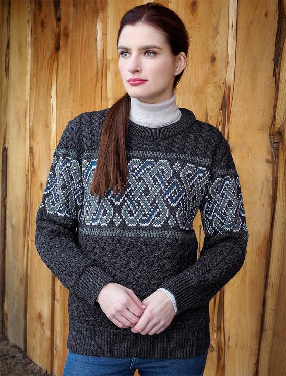 Aran Cashmere Ladies Merino Jacquard Crew Neck Sweater