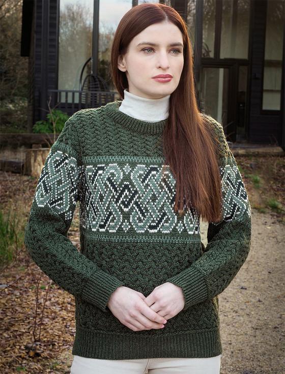 Aran Cashmere Ladies Merino Jacquard Crew Neck Sweater