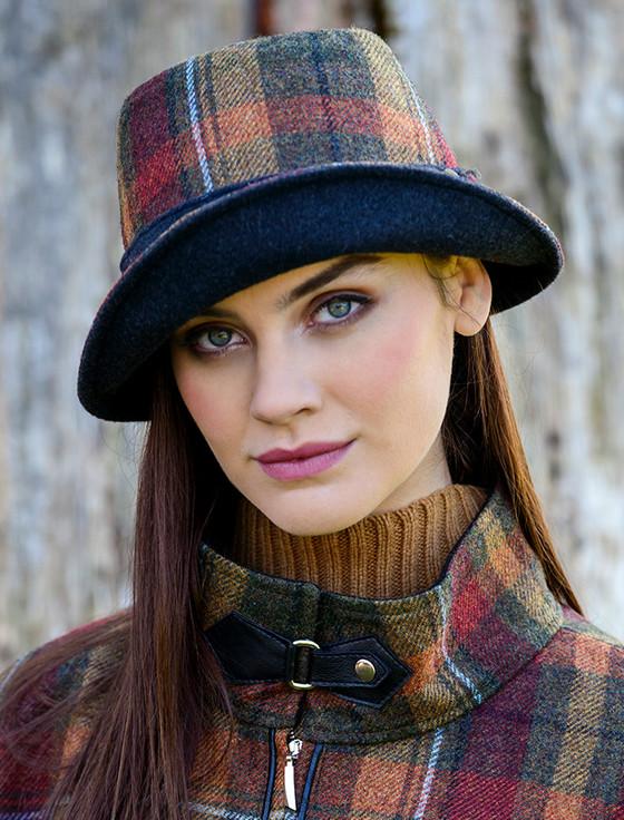 Aran Cashmere Ladies Tweed Clodagh Cap - Green Brown & Mustard Plaid