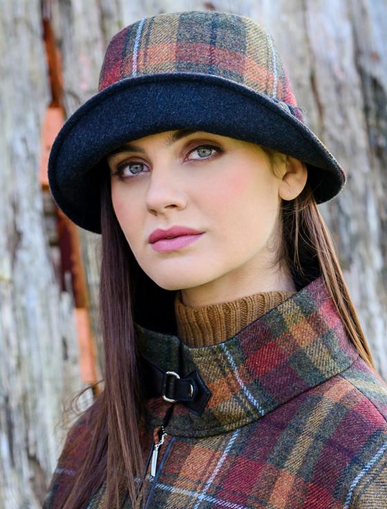Aran Cashmere Ladies Tweed Clodagh Cap - Green Brown & Mustard Plaid