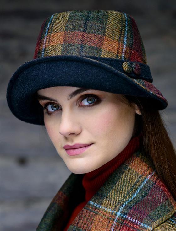 Aran Cashmere Ladies Tweed Clodagh Cap - Green Brown & Mustard Plaid