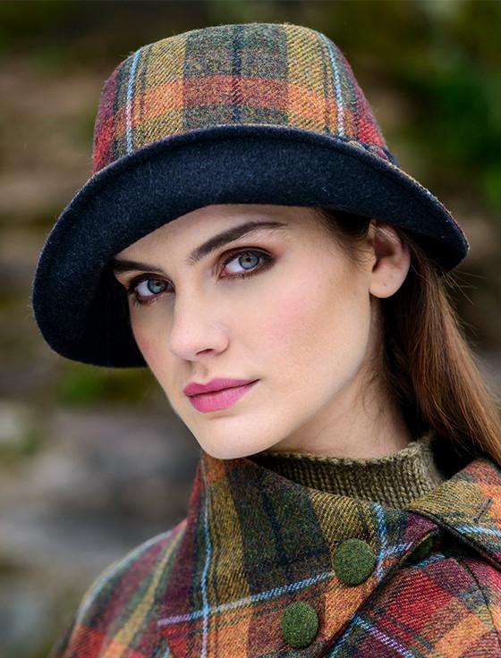 aran cashmere Ladies Tweed Clodagh Cap - Green Brown & Mustard Plaid