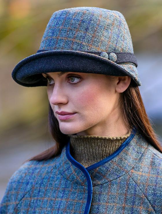 Aran Cashmere Ladies Tweed Clodagh Cap - Green Navy & Brown Plaid