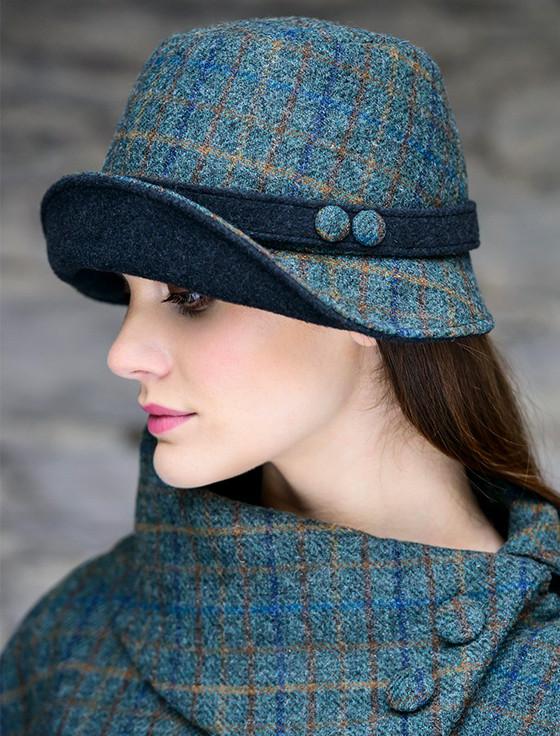 aran cashmere Ladies Tweed Clodagh Cap - Green Navy & Brown Plaid