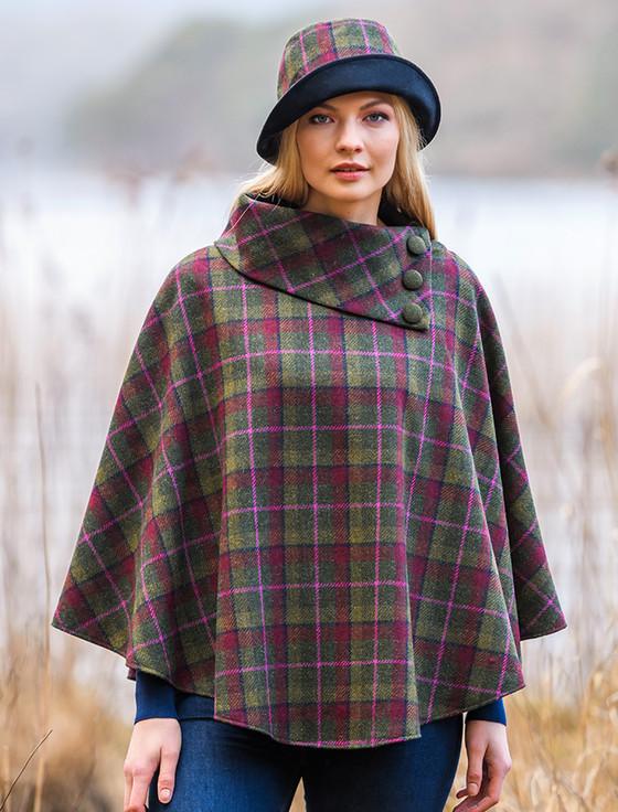 Aran Cashmere Ladies Tweed Clodagh Cap - Green Red & Pink