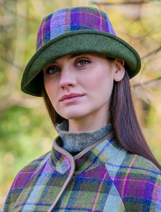 aran cashmere Ladies Tweed Clodagh Cap - Multi Vernal Plaid