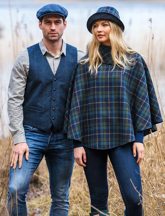 Aran Cashmere Ladies Tweed Clodagh Cap - Navy Sky & Green