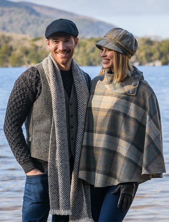 Aran Cashmere Ladies Tweed Flapper Cap - Beige Grey & Orange