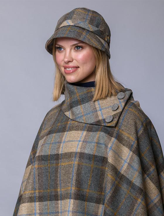 aran cashmere Ladies Tweed Flapper Cap - Beige Grey & Orange