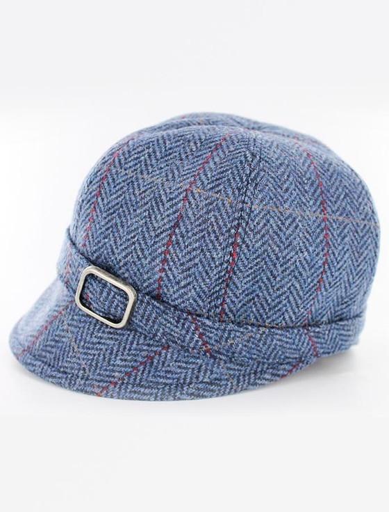 Aran Cashmere Ladies Tweed Flapper Cap - Blue With Red
