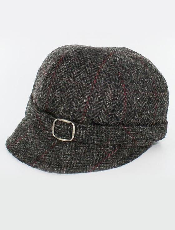 Aran Cashmere Ladies Tweed Flapper Cap - Charcoal With Red