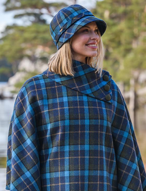 Aran Cashmere Ladies Tweed Flapper Cap - Green Navy & Blue