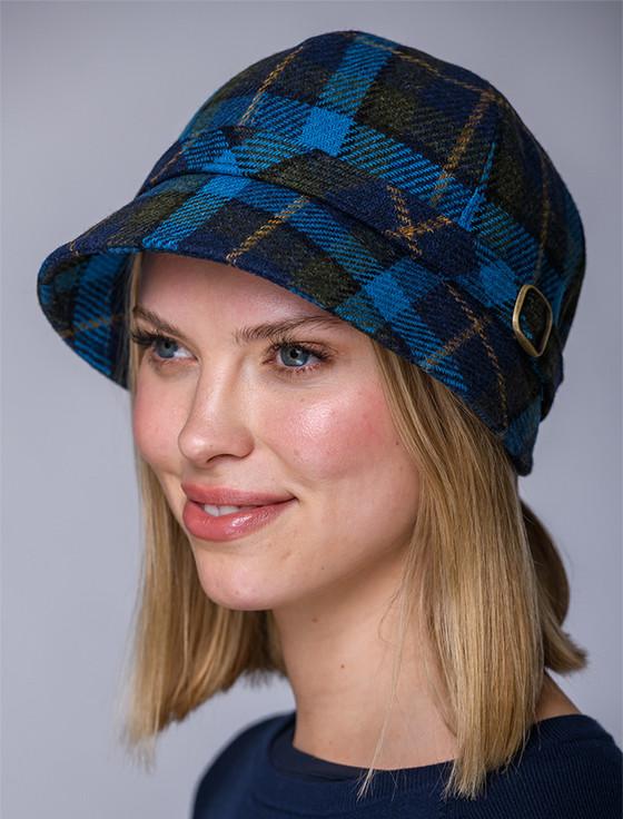 aran cashmere Ladies Tweed Flapper Cap - Green Navy & Blue