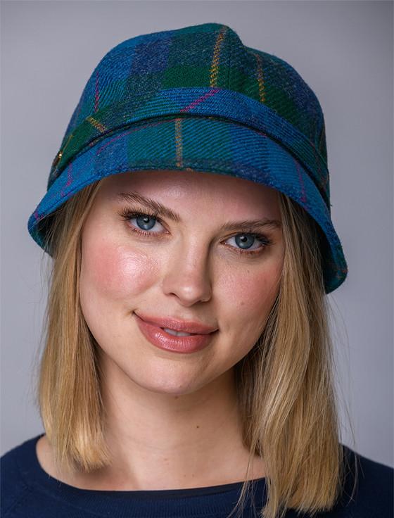 Aran Cashmere Ladies Tweed Flapper Cap - Green Teal & Purple