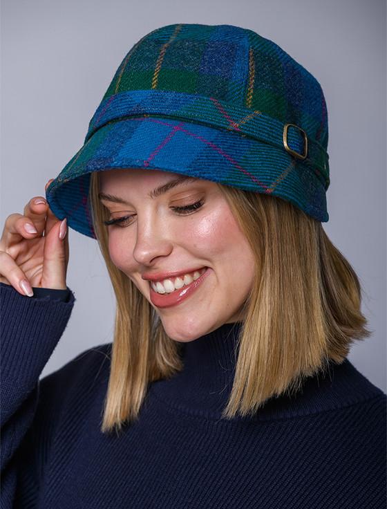 Aran Cashmere Ladies Tweed Flapper Cap - Green Teal & Purple