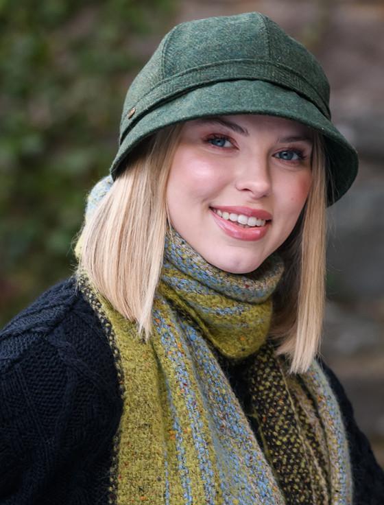 Aran Cashmere Ladies Tweed Flapper Cap - Green & Yellow