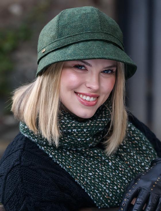 Aran Cashmere Ladies Tweed Flapper Cap - Green & Yellow