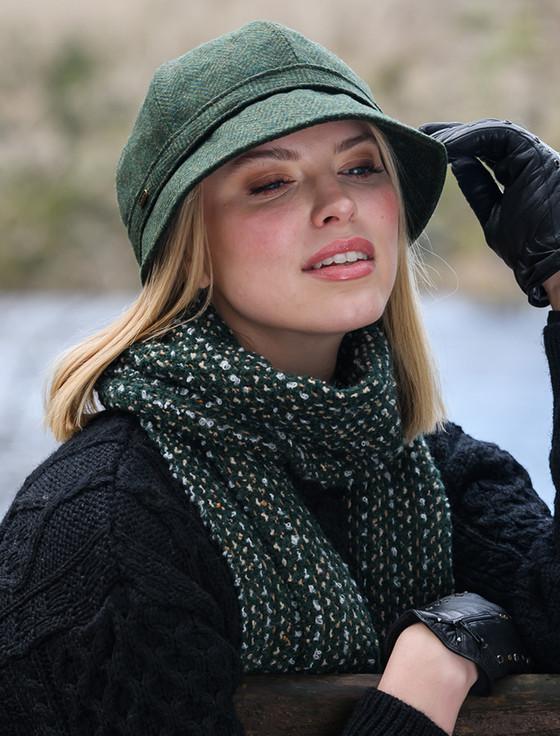 Aran Cashmere Ladies Tweed Flapper Cap - Green & Yellow