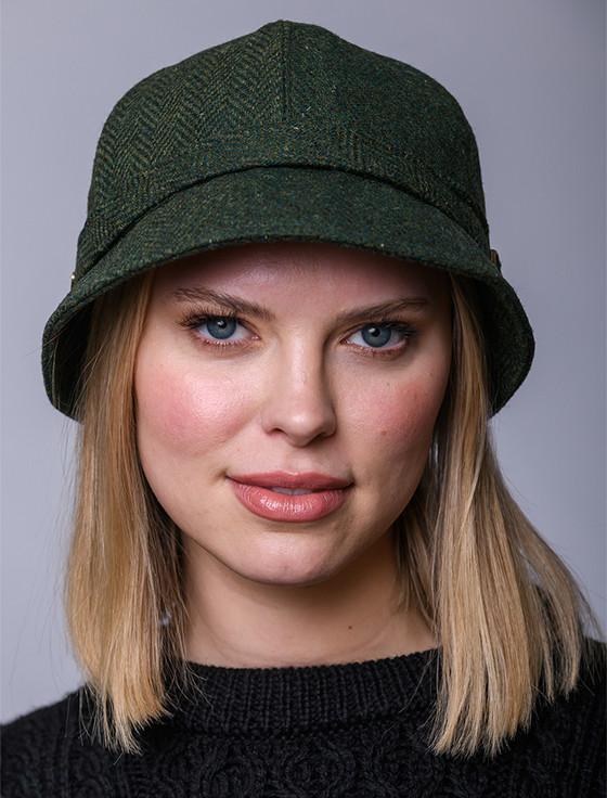 aran cashmere Ladies Tweed Flapper Cap - Green & Yellow