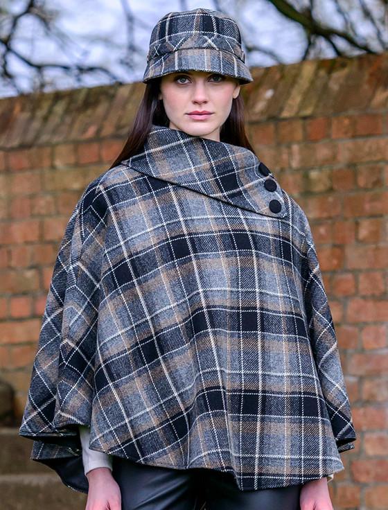 Aran Cashmere Ladies Tweed Flapper Cap - Grey & Black Plaid