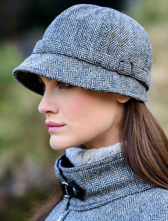 Aran Cashmere Ladies Tweed Flapper Cap - Grey Herringbone