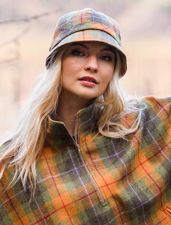 Aran Cashmere Ladies Tweed Flapper Cap - Orange & Green