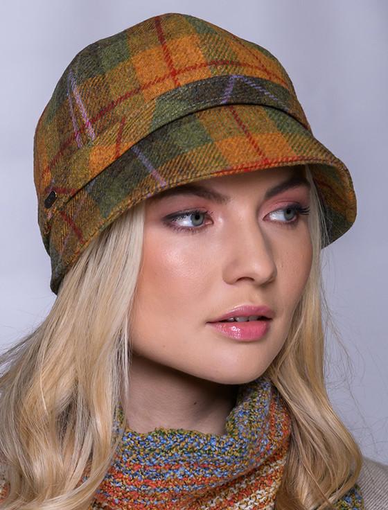 Aran Cashmere Ladies Tweed Flapper Cap - Orange & Green