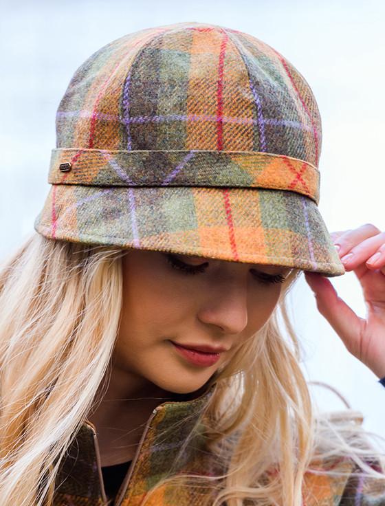 aran cashmere Ladies Tweed Flapper Cap - Orange & Green