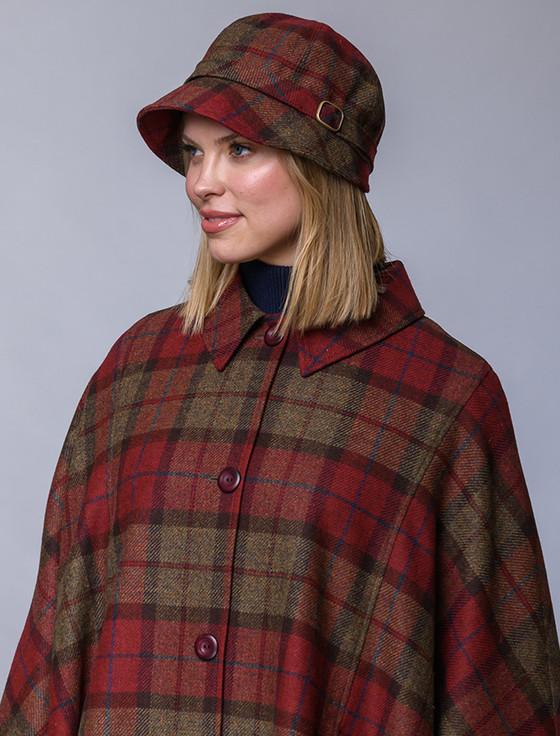 Aran Cashmere Ladies Tweed Flapper Cap - Red Brown & Grey