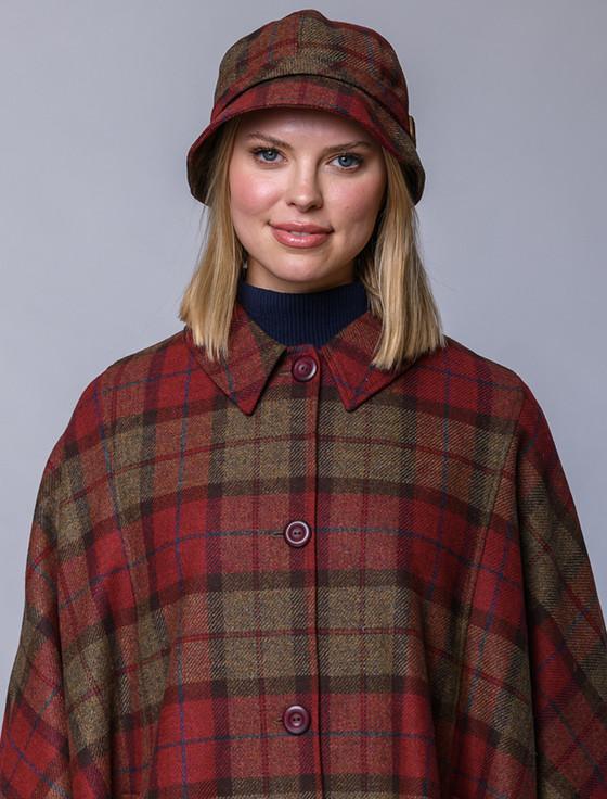 Aran Cashmere Ladies Tweed Flapper Cap - Red Brown & Grey