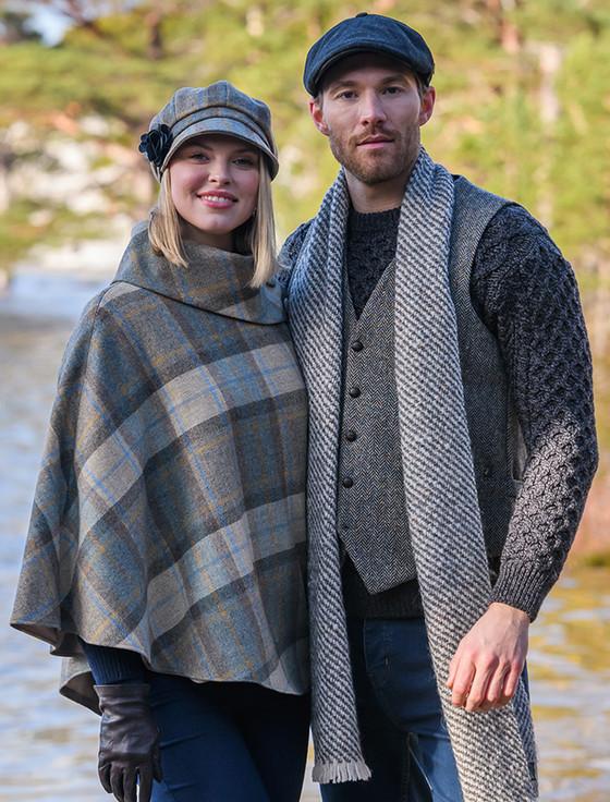 Aran Cashmere Ladies Tweed Newsboy Hat - Beige Grey & Orange