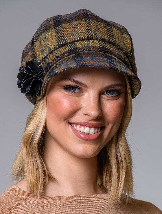 aran cashmere Ladies Tweed Newsboy Hat - Blue Mustard