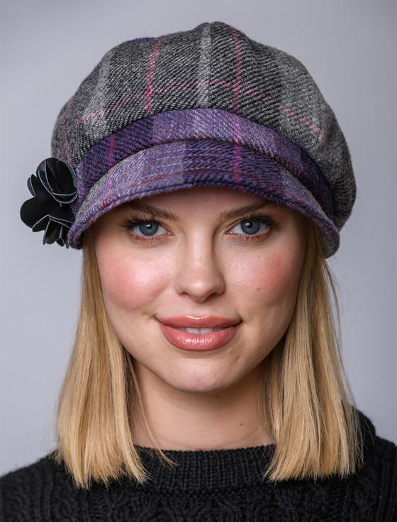 Aran Cashmere Ladies Tweed Newsboy Hat - Charcoal Grey & Purple