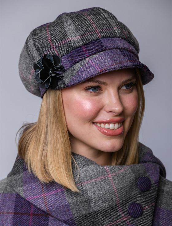 Aran Cashmere Ladies Tweed Newsboy Hat - Charcoal Grey & Purple