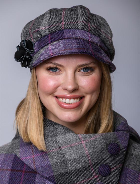 Aran Cashmere Ladies Tweed Newsboy Hat - Charcoal Grey & Purple