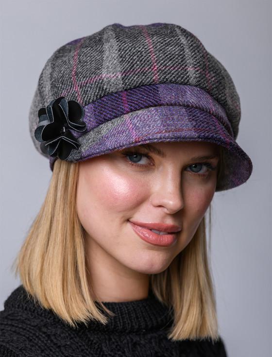 aran cashmere Ladies Tweed Newsboy Hat - Charcoal Grey & Purple