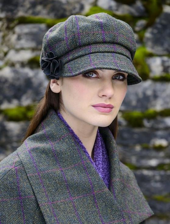 Aran Cashmere Ladies Tweed Newsboy Hat - Forest Green