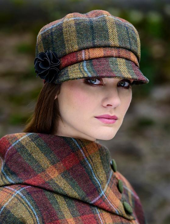 Aran Cashmere Ladies Tweed Newsboy Hat - Green Brown & Mustard Plaid