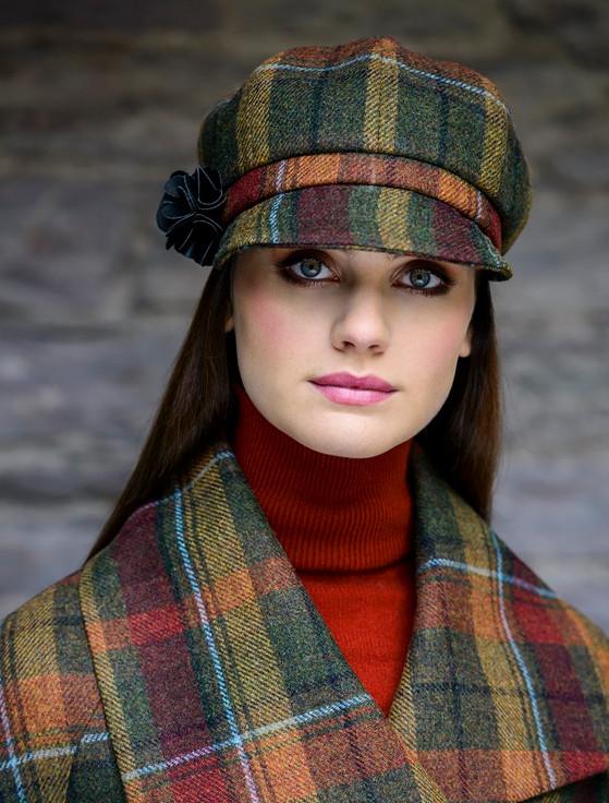 Aran Cashmere Ladies Tweed Newsboy Hat - Green Brown & Mustard Plaid