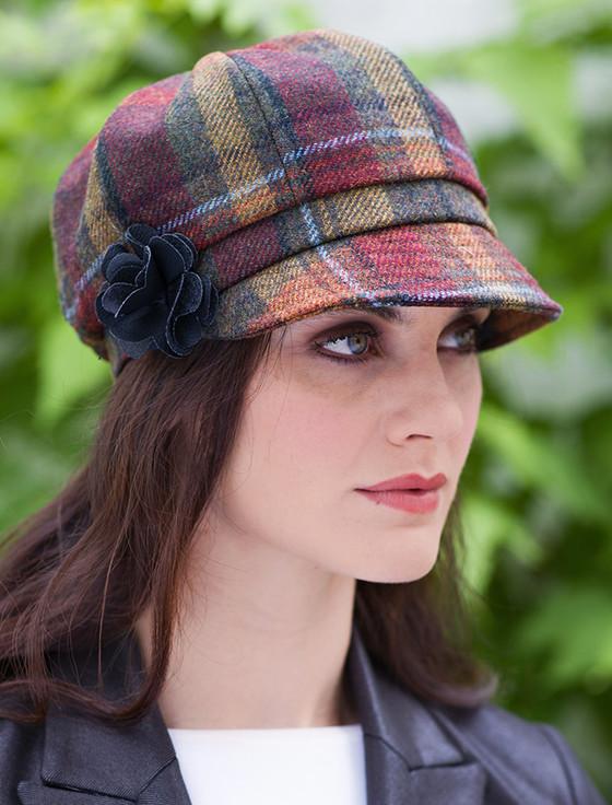 aran cashmere Ladies Tweed Newsboy Hat - Green Brown & Mustard Plaid